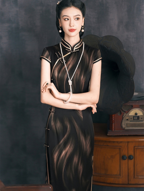 Silk Qipao Dress Smoky Black