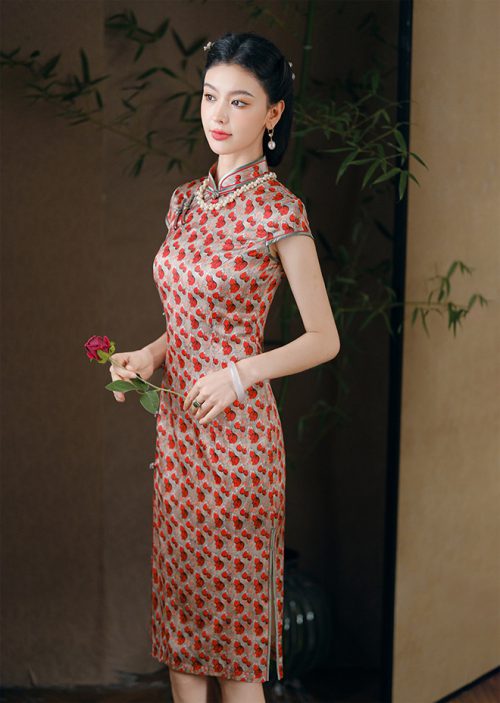 Silk Qipao Dress Red Bud