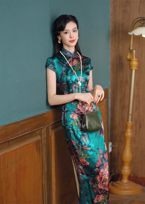 Silk Qipao Dress Green Peony