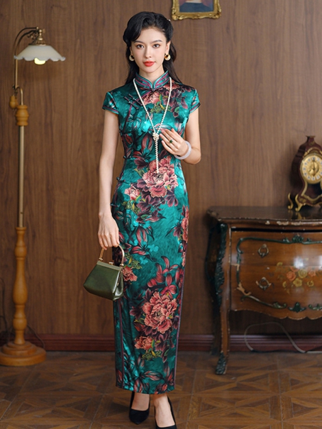 Silk Qipao Dress Green Peony