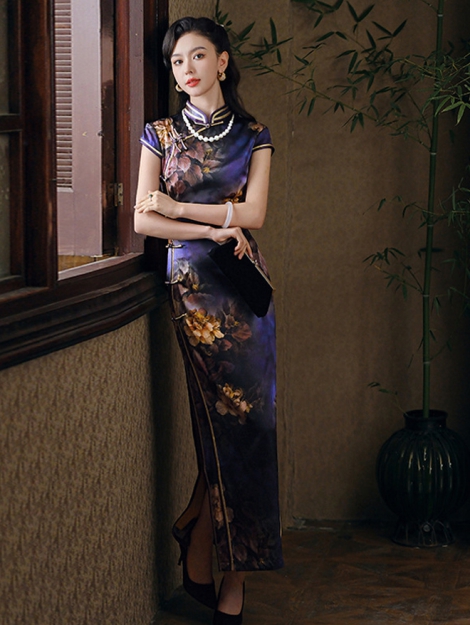 Silk Qipao Dress Purple Peony